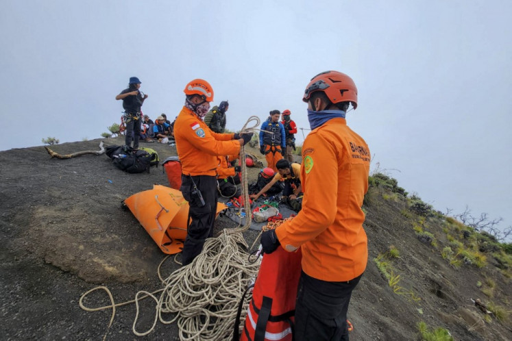Treacherous: Rescue workers from the National Search and Rescue Agency (Basarnas) attempt on June 24 to evacuate Juliana Marins, a Brazilian national who fell into a ravine on Mount Rinjani, Lombok Island, West Nusa Tenggara, after going missing on June 21.